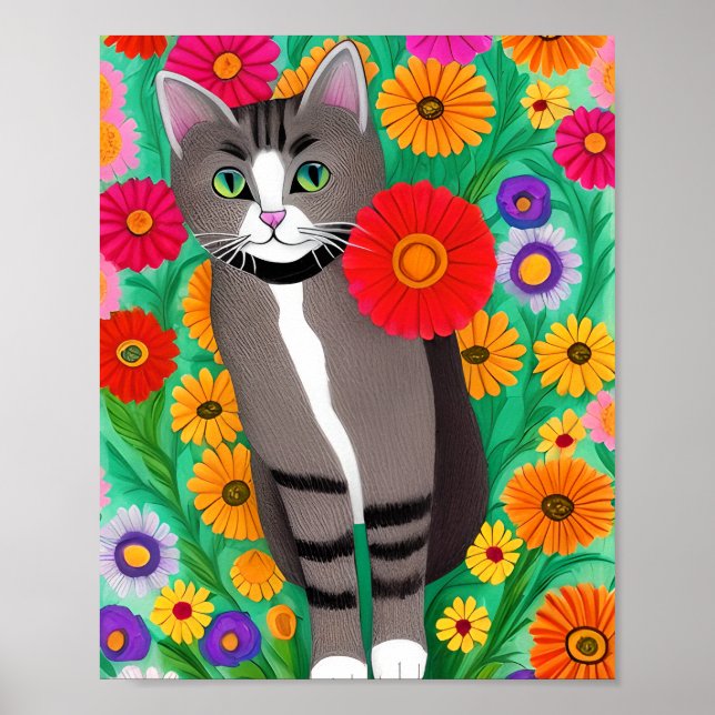 Poster Gatos Cinza e Branco e Flor Vermelha Caprichosos (Frente)