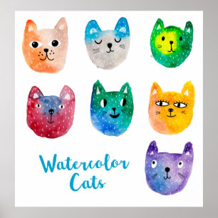 Poster Gatos com aquarelas e amigos