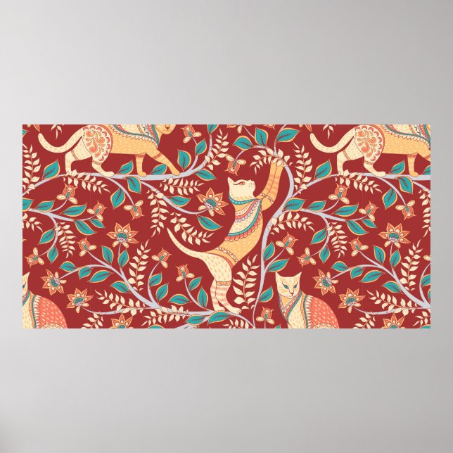 Poster Gatos com ornamentos, ramos com flores e folhas (Frente)