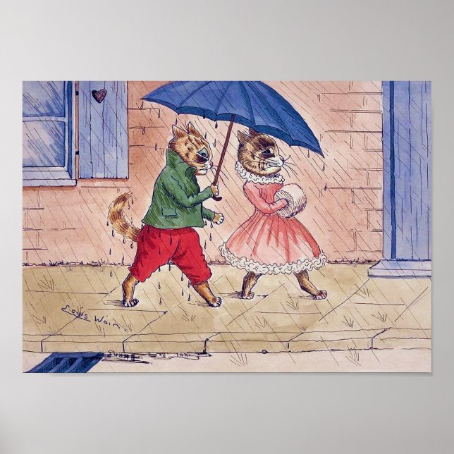 Poster Gatos Cortejando na Chuva, Louis Wain (Frente)