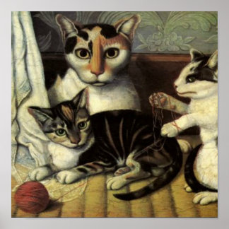 Poster Gatos de Arte Folclórica Americanos do século XIX