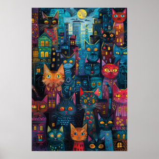 Poster Gatos de Becos Urbanos: Arte Mural Vibrante na Cid
