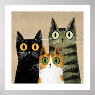 Poster Gatos de Desenho Animado Fofos, Olhos Arregalados,