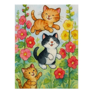 Pôster Gatos-do-campo espumantes em jardim de flores