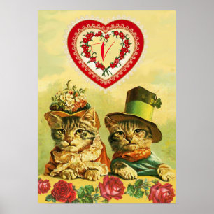 Poster GATOS DO DIA DOS NAMORADOS À ANTIGA, Corações, Ros