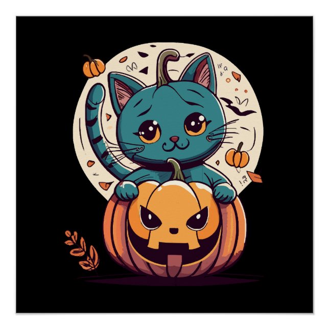Pôster Gatos e Abóboras para um Feliz Halloween! (Frente)