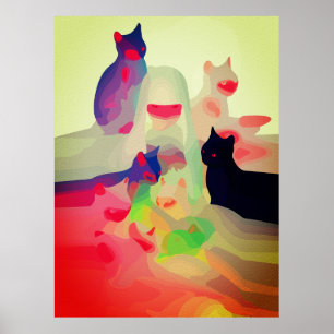 Poster Gatos e Espíritos Místicos - Arte vibrante de Abst