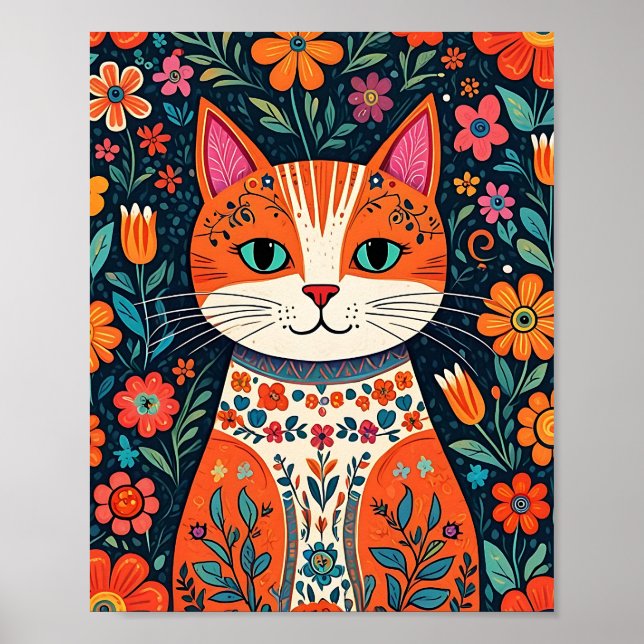 Poster Gatos e Flores de Arte Folical Whimsical (Frente)