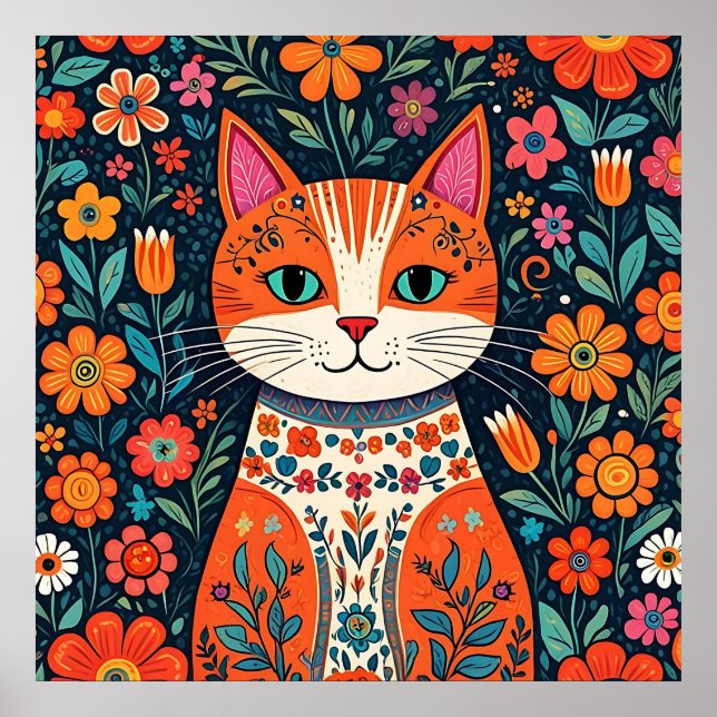 Poster Gatos e Flores de Arte Folical Whimsical (Frente)