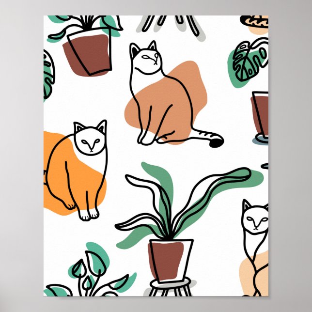 Poster Gatos e flores para desenho de linhagens (Frente)