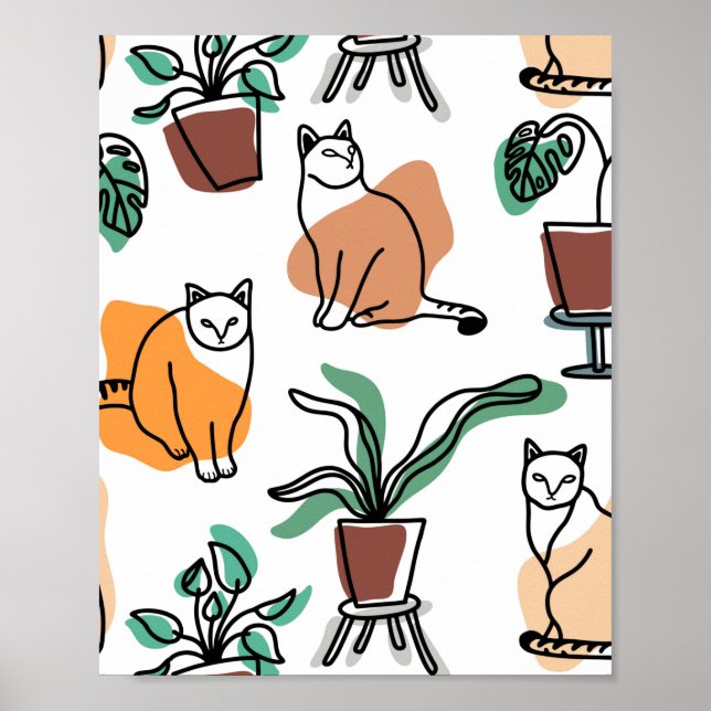 Poster Gatos e flores para desenho de linhagens (Frente)