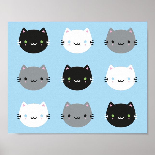 Poster Gatos e Gatinhos Kawaii (Azul) (Frente)