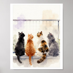 Poster Gatos em Aquarela na Varanda – Arte para Amantes d