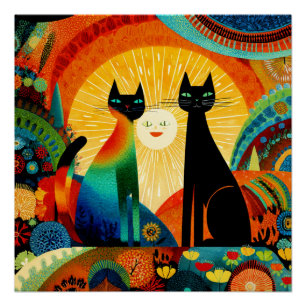 Pôster Gatos em um fundo brilhante e colorido,