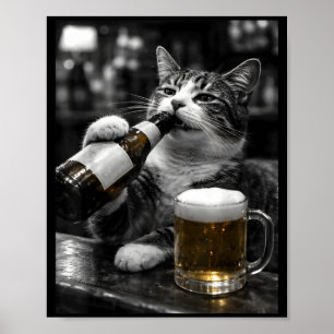 Poster Gatos engraçados bebendo no bar branco preto vinta
