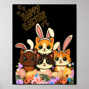 Poster Gatos engraçados de Páscoa Orelhas de Coelho Ovos