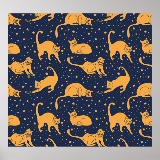 Poster Gatos engraçados, estrelas, padrão espacial. (Frente)