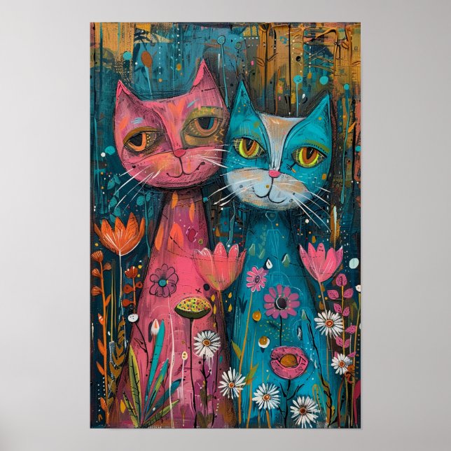 Poster Gatos Florais no Campo Daisy: Peça de Arte Vibrant (Frente)