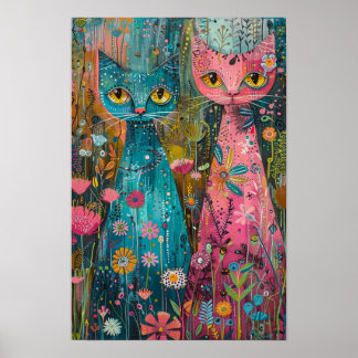 Poster Gatos Florais no Campo Daisy: Peça de Arte Vibrant