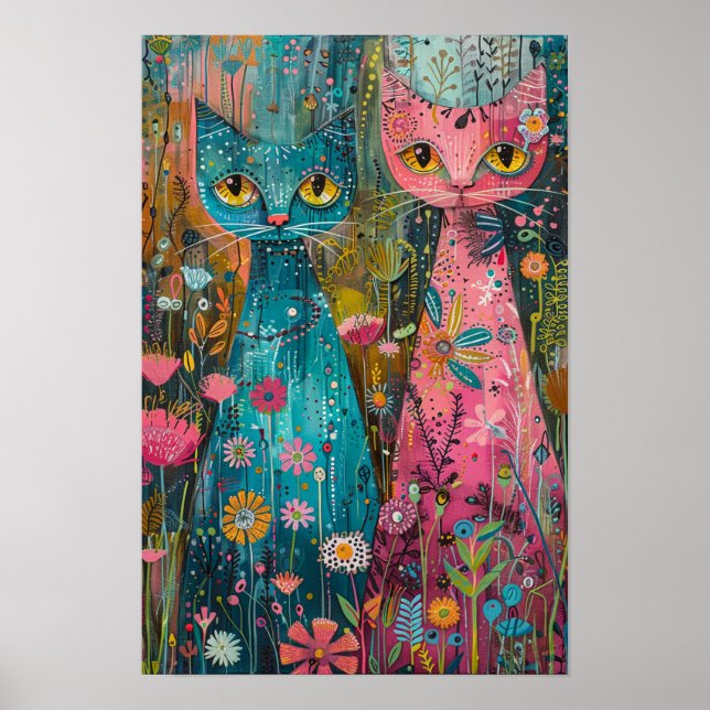 Poster Gatos Florais no Campo Daisy: Peça de Arte Vibrant (Frente)