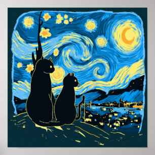 Poster Gatos Frescos Frescos Noite Van Gogh Pai Mãe Filho