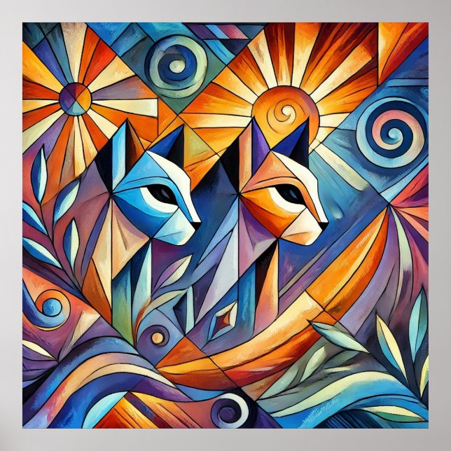 Poster Gatos Geométricos Abstratos com Cores Vibrantes (Frente)