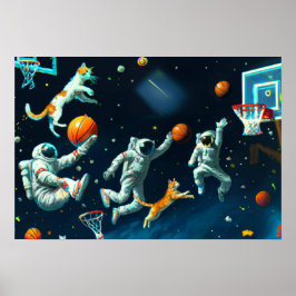 Poster Gatos Jogando Basquete no Espaço com Astronautas
