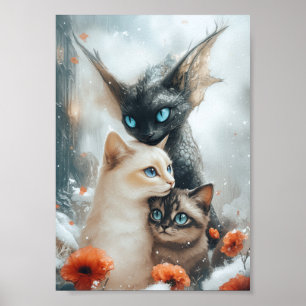 Poster Gatos Mágicos de Inverno com Guardião Dragão Fantá