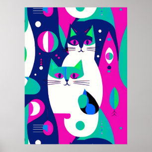 Poster Gatos Modernos do Século médio num Fundo Azul Escu