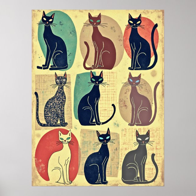 Poster Gatos Modernos Vintage de Meados do Século (Frente)