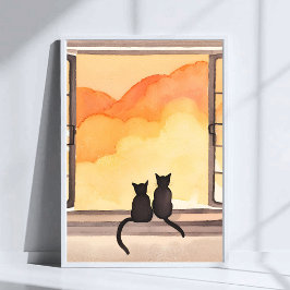 Poster Gatos na Janela | Arte de Silhueta de Aquarela do