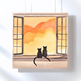 Poster Gatos na Janela | Silhueta de Aquarela do Pôr do S