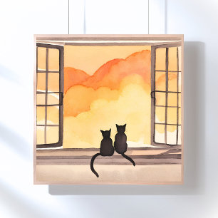 Poster Gatos na Janela   Silhueta de Aquarela do Pôr do S
