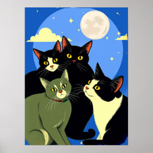 Poster Gatos na prowl debaixo da lua cheia