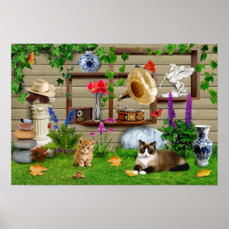 Poster Gatos no quintal. Uma bela fotografia engraçada.
