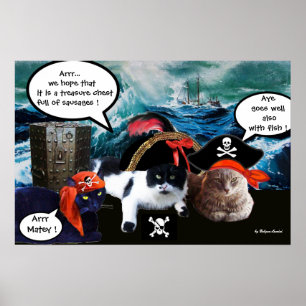 PÔSTER GATOS PIRATAS FALANTES E NAVIO NA TEMPORAL NO MAR