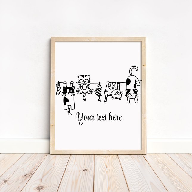 Poster Gatos Pretos e Brancos Fofos Pendurados Personaliz (Black and White Cute Hanging Kittens Custom Poster in a neutral wooden frame)