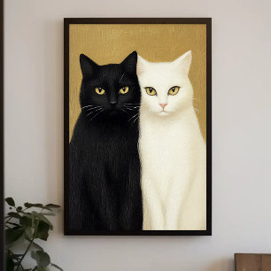 Poster Gatos Pretos e Brancos na Pintura de Fundo do Ouro