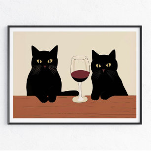 Poster Gatos Pretos e Vinho Tinto Minimalista