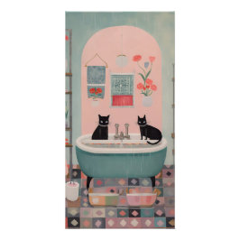 Pôster Gatos Pretos Fofo Retrô no Banheiro rosa azul
