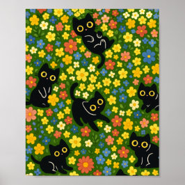 Poster Gatos Pretos Fofos Padrão de Prado Floral