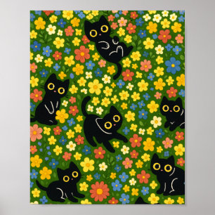 Poster Gatos Pretos Fofos Padrão de Prado Floral