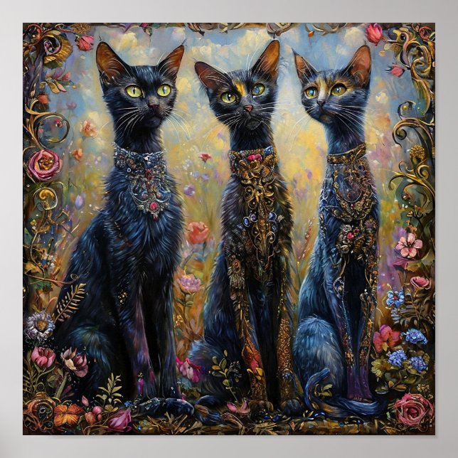 Poster Gatos Pretos Longos Entre Flores Estética (Frente)