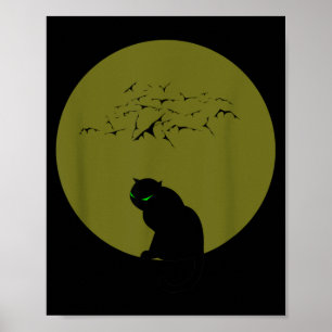 Poster Gatos Pretos Morcegos Lua de Halloween