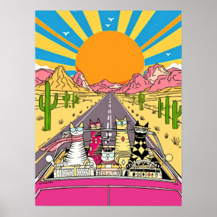 Poster Gatos retrô de férias em uma viagem de carro
