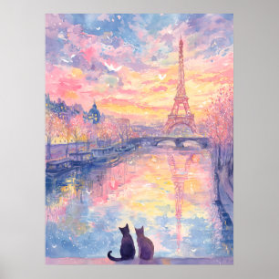 Poster Gatos Românticos no Pôr do Sol de Paris – Estilo A