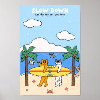 Poster Gatos Surfando Na Praia Vibrações de Verão