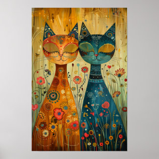 Poster Gatos Whimsical em Harmonia: Arte Folclórica Color