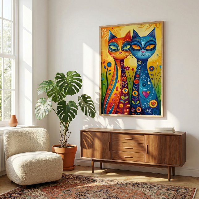 Poster Gatos Whimsical em Harmonia: Arte Folclórica Color (Criador carregado)