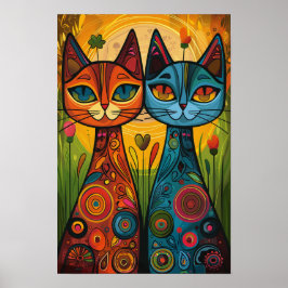 Poster Gatos Whimsical em Harmonia: Arte Folclórica Color
